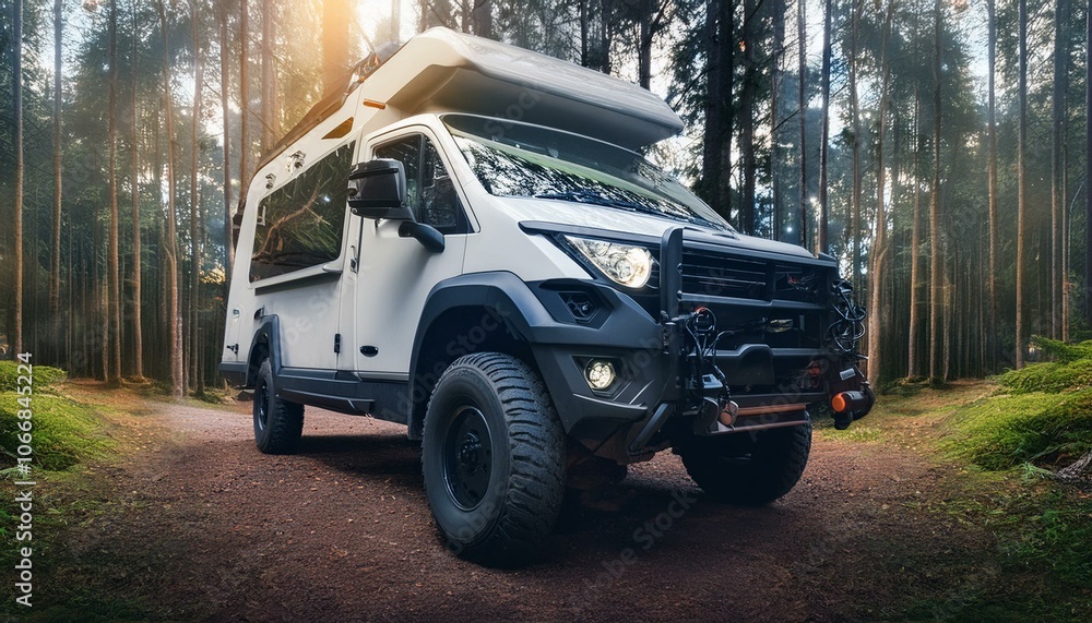 Obraz premium Futuristic offroad camper van on rocks in the woods