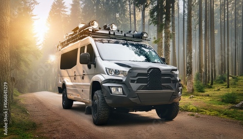 Futuristic offroad camper van on rocks in the woods