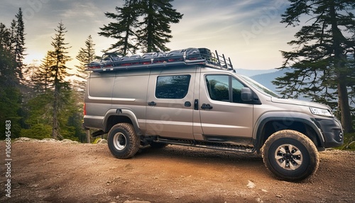 Futuristic offroad camper van on rocks in the woods