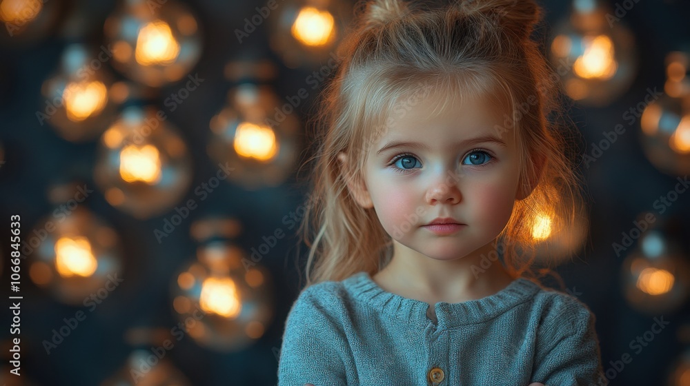 Young girl gazing at glowing lightbulb, concept of curiosity and inspiration, creative childhood, imagination and wonder, learning and educational setting Young girl gazing at glowing lightbulb, concept of curiosity and inspiration, creative childhood, imagination and wonder, learning and educational setting