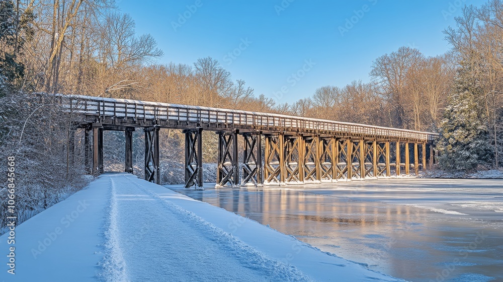 Wooden Bridge Over Snow-Covered River in Winter Wonder Wooden Bridge Over Snow-Covered River in Winter Wonder