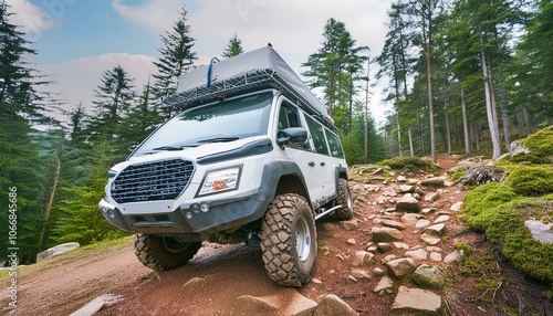 Futuristic offroad camper van on rocks in the woods