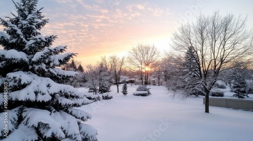 Winter landscape showcasing snow-covered trees and a stunning sunset in the background.