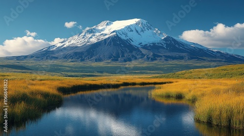 A snow-capped mountain reflected in a tranquil river, surrounded by golden grasslands under a bright blue sky with white clouds.