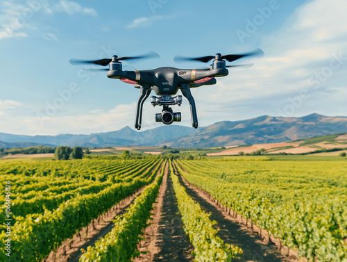 Top view of a drone flying over a vineyard during harvest