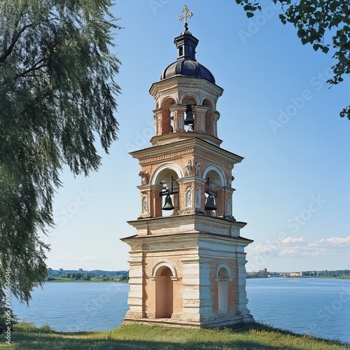 Ancient bell tower of St. Nicholas Cathedral on Uglich Reservoir. photo