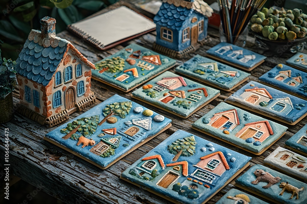 Charming ceramic clay houses and tiles on rustic wooden table Charming ceramic clay houses and tiles on rustic wooden table