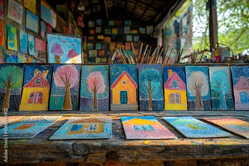 Vibrant outdoor art studio display featuring colorful pastel paintings