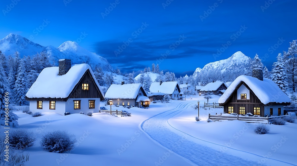 Naklejka premium Snowy Mountain Village Winter Night Lights