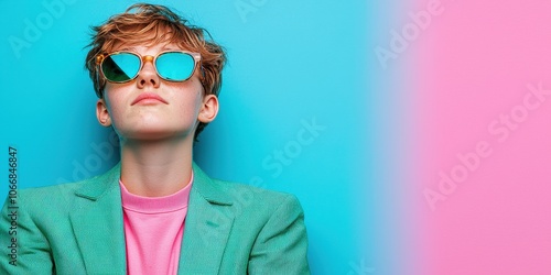 Stylish young person with sunglasses against a vibrant blue and pink background.