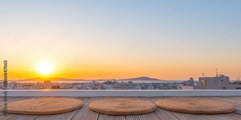 Obraz premium Sunset view from a rooftop terrace overlooking a city skyline.