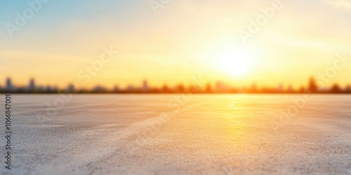 Sunset over urban skyline, soft light reflecting on empty pavement.