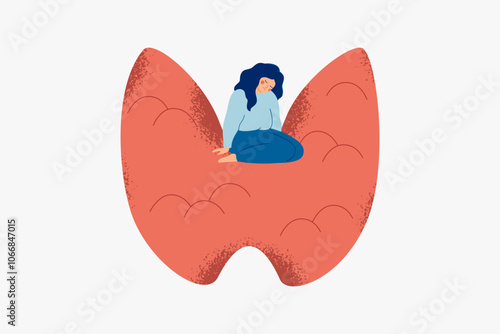 Tired woman sitting on a big thyroid organ. Sad girl has Endocrine dysfunction and symptoms of it. Healthcare and medical concept. Vector illustration