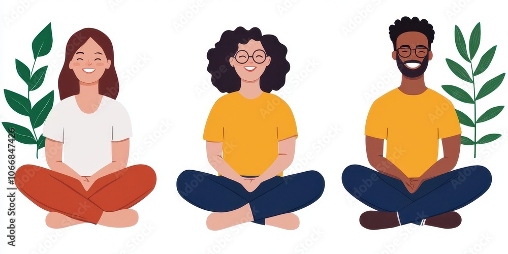 Three diverse individuals meditating with greenery around them. Three diverse individuals meditating with greenery around them.