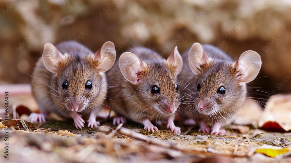 Three Adorable Mice in the Forest: A Close-Up Look at Nature's Tiny Wonders Three Adorable Mice in the Forest: A Close-Up Look at Nature's Tiny Wonders