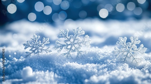 Snowflakes falling on snowy fairytale winter background