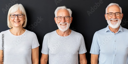 Three smiling seniors standing together on a dark background.