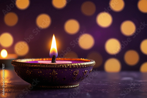 lit traditional diwali diya oil lamp on purple bokeh background