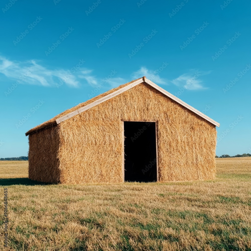 Straw-covered shed in open field, rustic simplicity, sunny day Straw-covered shed in open field, rustic simplicity, sunny day