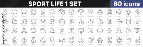 Sport life 1 set line icons collection. Fitness, diet, competition, achievement, target, athletic icons. UI icon set. Thin outline icons pack. Vector illustration EPS10