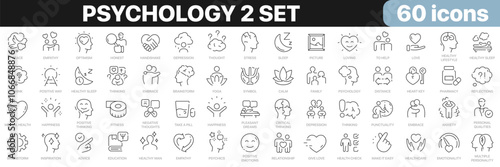 Psychology 2 set line icons collection. Mental, happiness, emotion, care, abuse, medical, analysis icons. UI icon set. Thin outline icons pack. Vector illustration EPS10