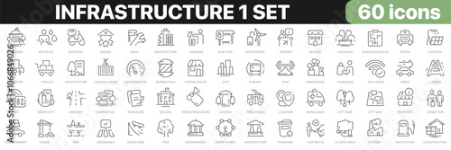 Infrastructure 1 set line icons collection. Buildings, park, police, hospital, transport, construction, environment icons. UI icon set. Thin outline icons pack. Vector illustration EPS10