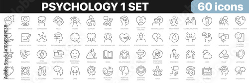 Psychology 1 set line icons collection. Mental, happiness, emotion, care, abuse, medical, analysis icons. UI icon set. Thin outline icons pack. Vector illustration EPS10