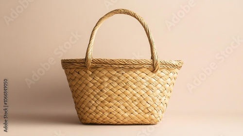 Straw-woven market basket, countryside vibes, detailed craftwork