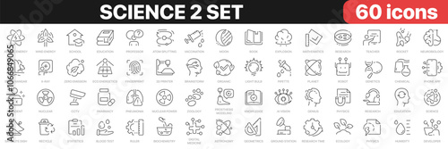 Science 2 set line icons collection. Technology, research, medicine, education, robotic, school icons. UI icon set. Thin outline icons pack. Vector illustration EPS10