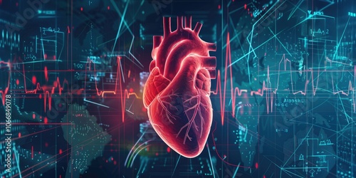 Study Physiology. Human Heart Anatomy Illustration on 3D ECG Medical Background