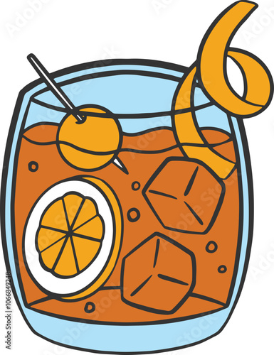 Illustration of an old fashioned cocktail, summer drink menu