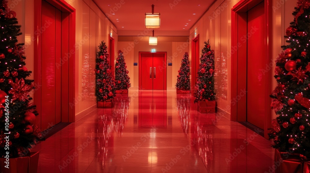 Modern Elevator doors of office or hotel hallway,holiday season decor with christmas tree,Lobby interior, corridor in house with lift,Black elegant lift for passenger or cargo elevators,copy space. Modern Elevator doors of office or hotel hallway,holiday season decor with christmas tree,Lobby interior, corridor in house with lift,Black elegant lift for passenger or cargo elevators,copy space.