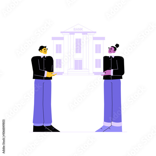 Male And Female Bank Consultants Holding A Bank Building Model In Flat Vector Illustration Symbolizing Financial Guidance And Bank Services, Isolated On White Background