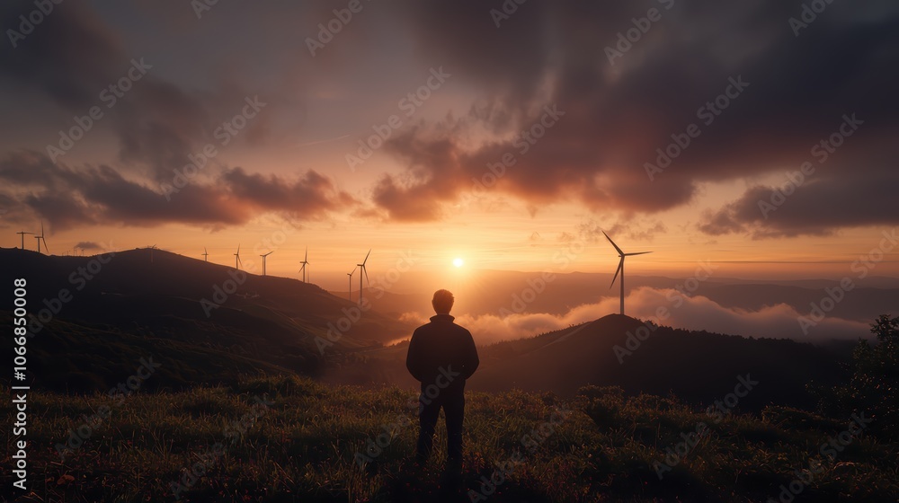 A person stands before a stunning sunset, overlooking hills with wind turbines, surrounded by clouds and an atmosphere of tranquility. A person stands before a stunning sunset, overlooking hills with wind turbines, surrounded by clouds and an atmosphere of tranquility.