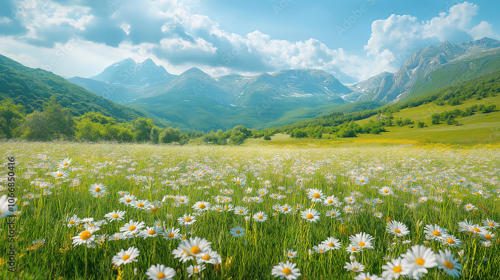 Obraz premium Serene countryside landscape showcasing vibrant wildflowers and fresh green meadows in spring