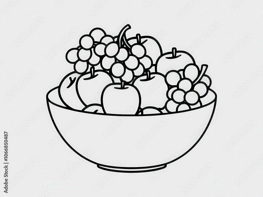 Simple and clean fruit bowl with fresh grapes and apples, line drawing style Simple and clean fruit bowl with fresh grapes and apples, line drawing style