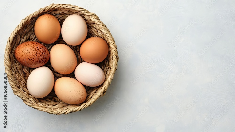 Woven straw basket with eggs, rural freshness, earthy colors Woven straw basket with eggs, rural freshness, earthy colors