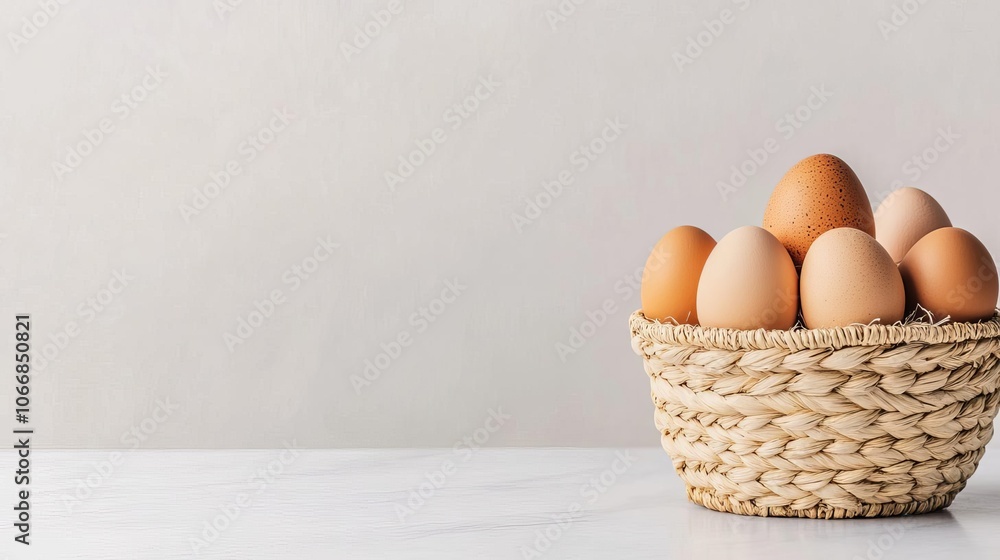 Woven straw basket with eggs, rural freshness, earthy colors Woven straw basket with eggs, rural freshness, earthy colors