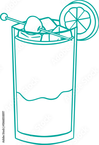 Line art illustration of a glass of tequila sunrise cocktail, coloring page bar menu