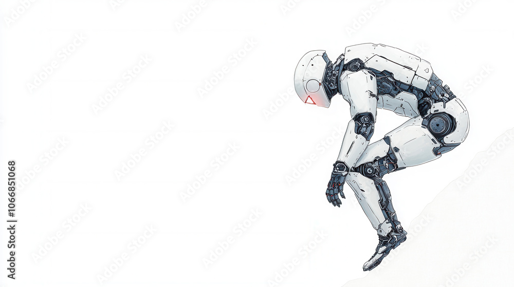 A humanoid robot in a crouched position, reflecting a blend of technology and emotion against a minimalistic white backdrop.