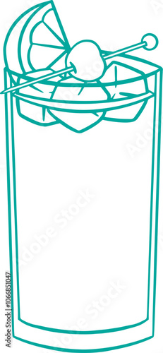 Line art illustration of a glass of singapore sling cocktail, coloring page bar menu