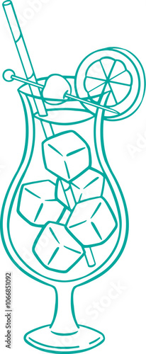 Line art illustration of a glass of blue lagoon cocktail, coloring page bar menu