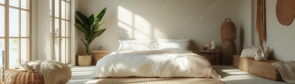A serene bedroom with natural light, featuring a large bed, woven decor, and greenery, creating a cozy and inviting atmosphere. A serene bedroom with natural light, featuring a large bed, woven decor, and greenery, creating a cozy and inviting atmosphere.