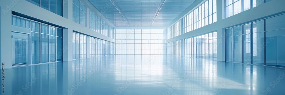 Modern empty warehouse interior with high ceilings, large windows, and bright lighting. Modern empty warehouse interior with high ceilings, large windows, and bright lighting.