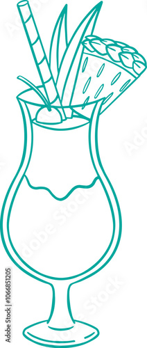 Line art illustration of a glass of pina colada cocktail, coloring page bar menu