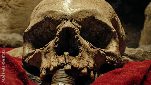 A human skull rests on a red cloth in a dark cave