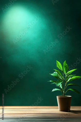 A potted plant with green leaves on a wooden surface against a green wall with a light source