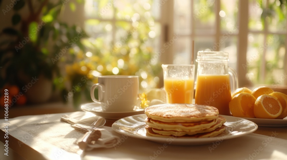 Sunny brunch table with pancakes, coffee, and fresh juice, symbolizing Sunday gatherings Sunny brunch table with pancakes, coffee, and fresh juice, symbolizing Sunday gatherings