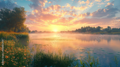 Wallpaper Mural Mystical River Landscape, Summer Sunrise and Fog Create a Dreamy Scene Torontodigital.ca