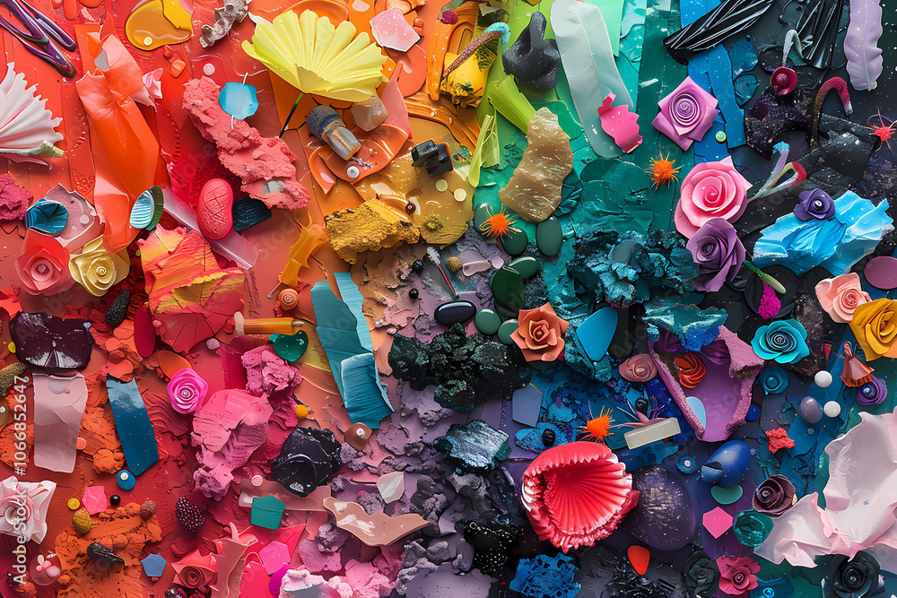 A vibrant abstract composition featuring an array of colorful materials, blending together in a harmonious display of creativity and texture. A vibrant abstract composition featuring an array of colorful materials, blending together in a harmonious display of creativity and texture.